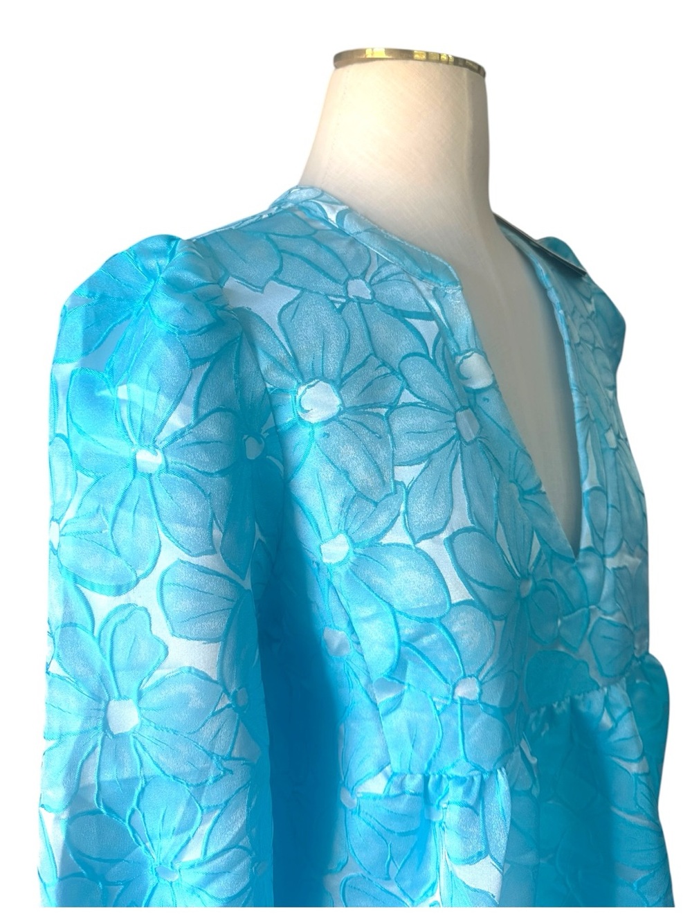 NWT Pomander Place Blue Floral Puff Sleeve Tiered Mini Dress Medium - Picture 4 of 12